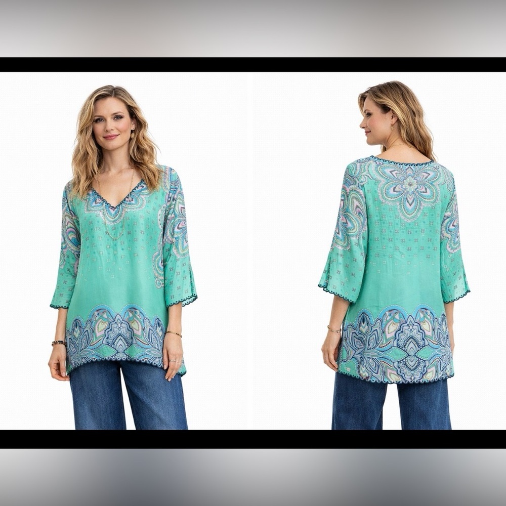 Johnny Was - Green Bohemian Print Embroidered Silk Tunic
